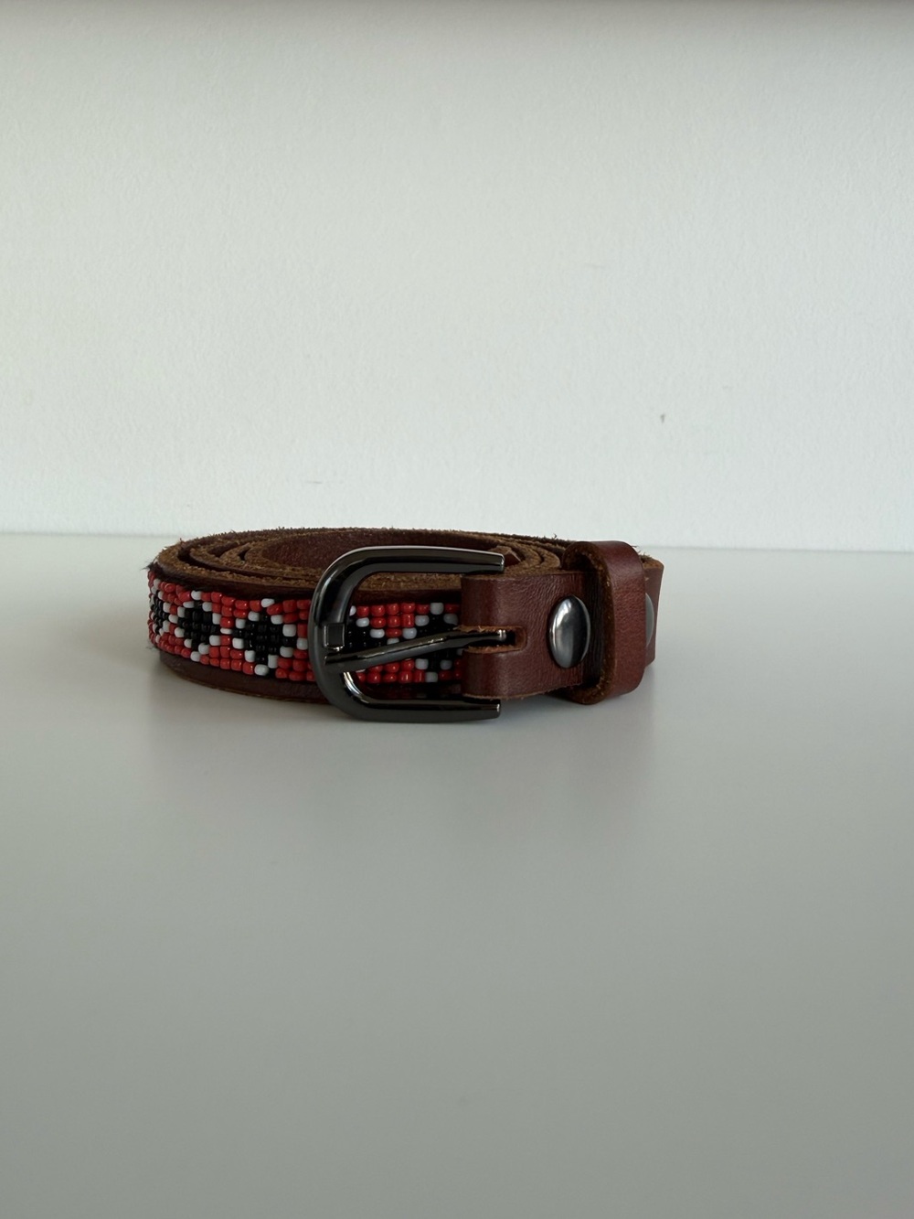 Maison Scotch Brown Leather Beaded Belt — Boho Diamond Pattern, Gunmetal Buckle